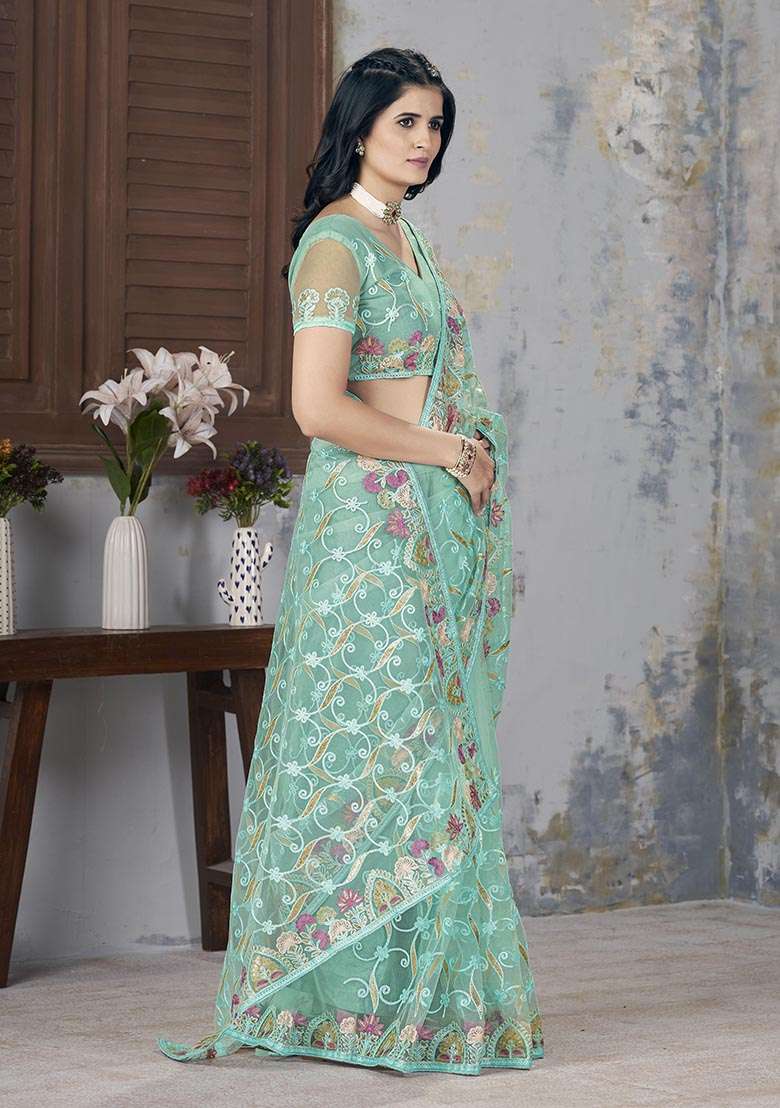 Sea Green Zari Thread Embroidered Butterfly Net Saree Set - Indya