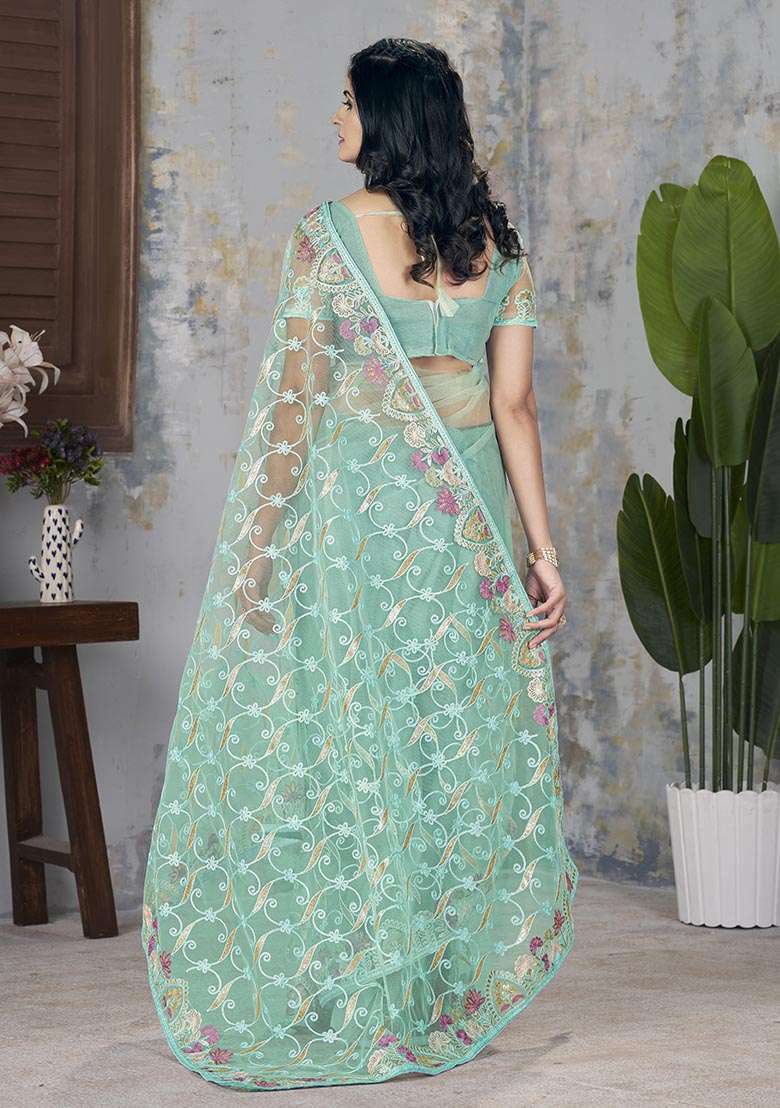 Sea Green Zari Thread Embroidered Butterfly Net Saree Set - Indya