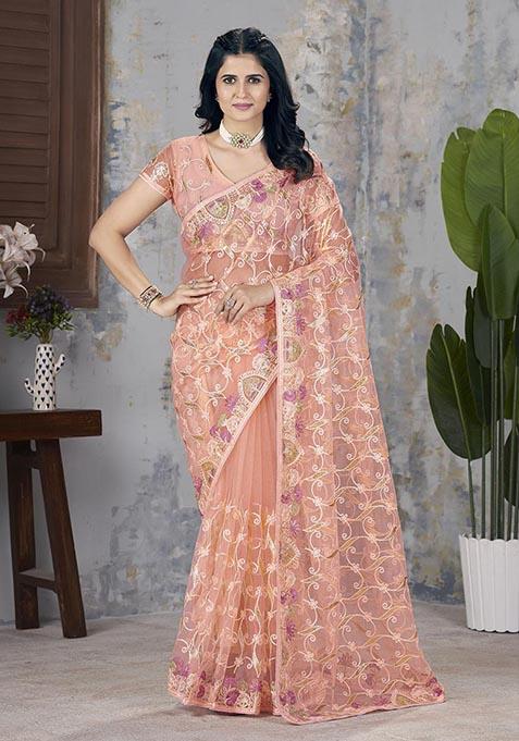 Orange Zari Thread Embroidered Butterfly Net Saree Set