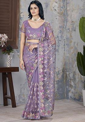 Purple Zari Thread Embroidered Butterfly Net Saree Set