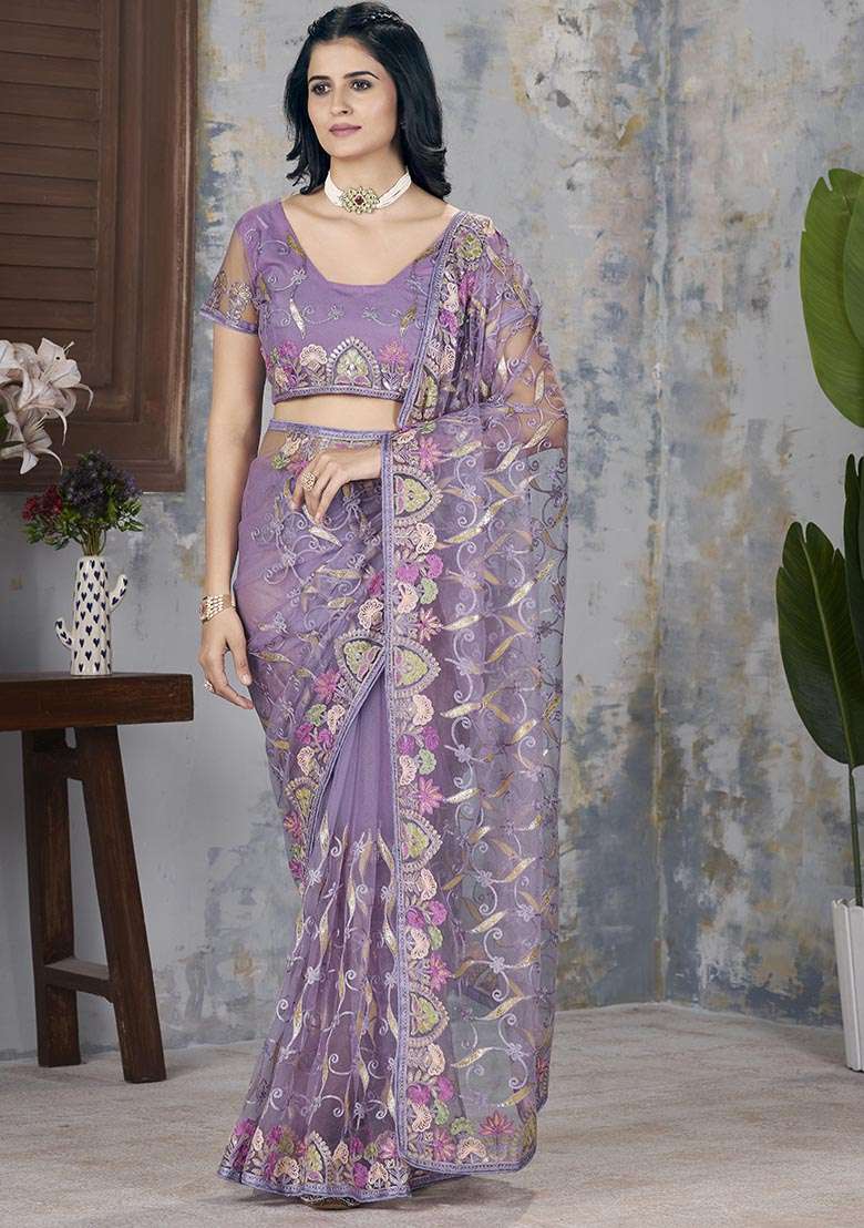 Purple Zari Thread Embroidered Butterfly Net Saree Set - Indya