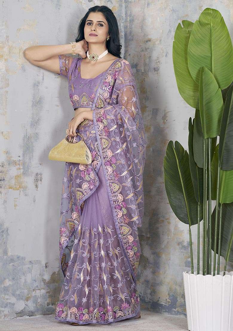 Purple Zari Thread Embroidered Butterfly Net Saree Set - Indya