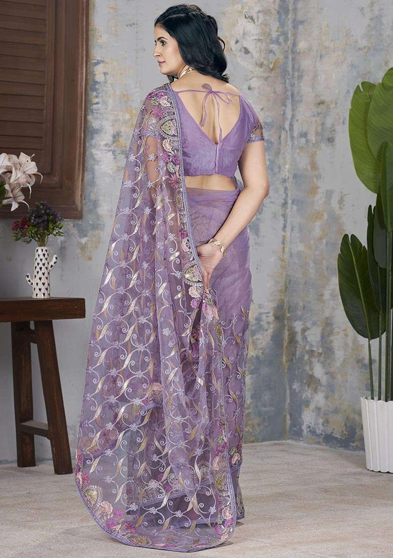 Purple Zari Thread Embroidered Butterfly Net Saree Set - Indya