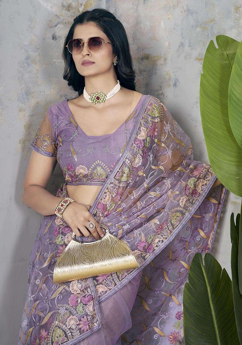 Purple Zari Thread Embroidered Butterfly Net Saree Set - Indya