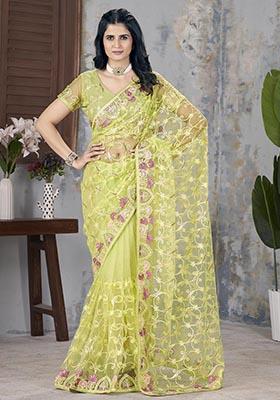 Green Zari Thread Embroidered Butterfly Net Saree Set