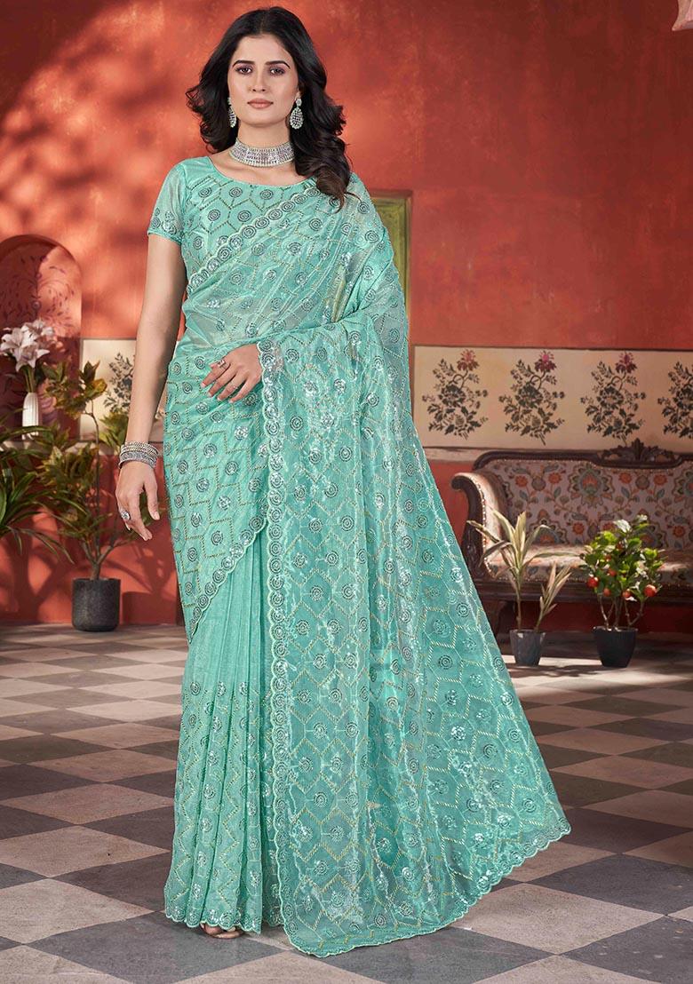 Sea Green Sequin Thread Embroidered Tissue Net Saree Set