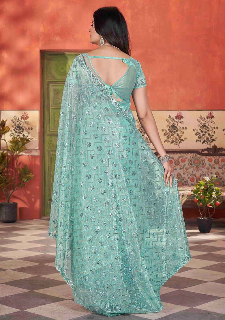 Sea Green Sequin Thread Embroidered Tissue Net Saree Set