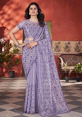 Lavender Sequin Thread Embroidered Tissue Net Saree Set