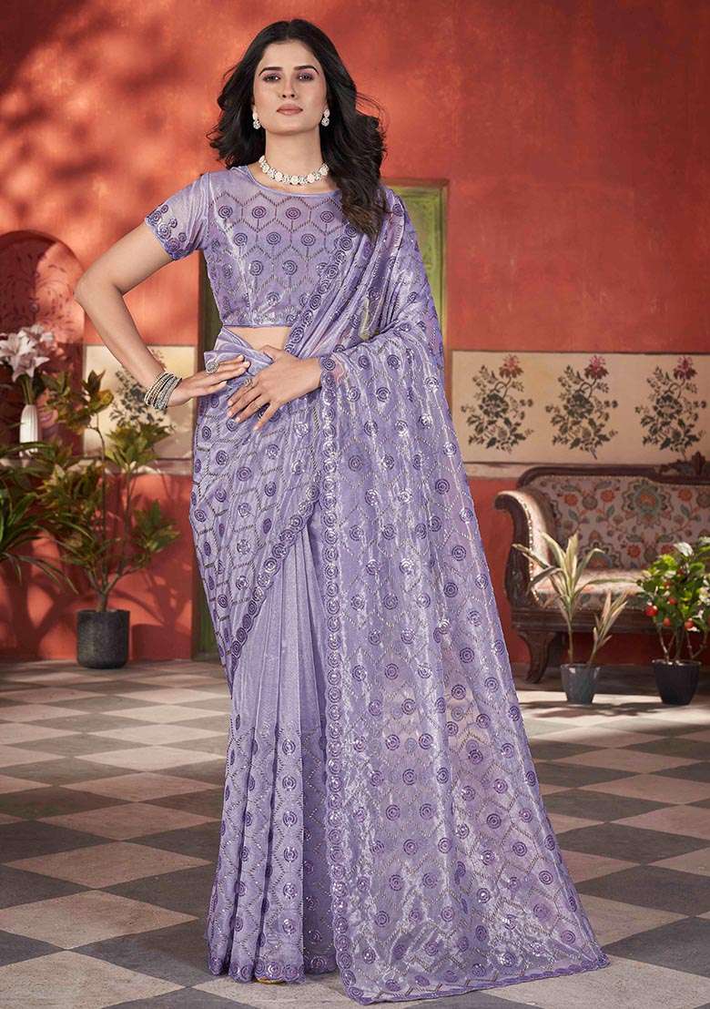 Lavender Sequin Thread Embroidered Tissue Net Saree Set - Indya