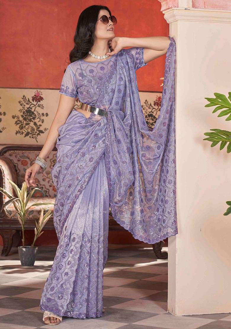 Lavender Sequin Thread Embroidered Tissue Net Saree Set - Indya
