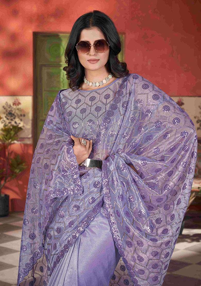 Lavender Sequin Thread Embroidered Tissue Net Saree Set - Indya