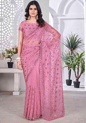 Pink Sequin Thread Embroidered Tissue Net Saree Set