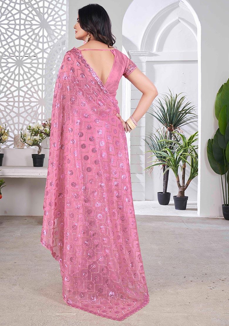 Pink Sequin Thread Embroidered Tissue Net Saree Set