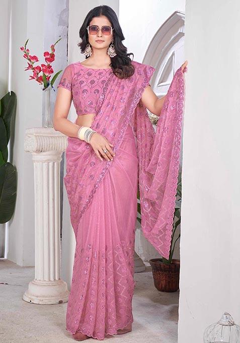 Pink Sequin Thread Embroidered Tissue Net Saree Set