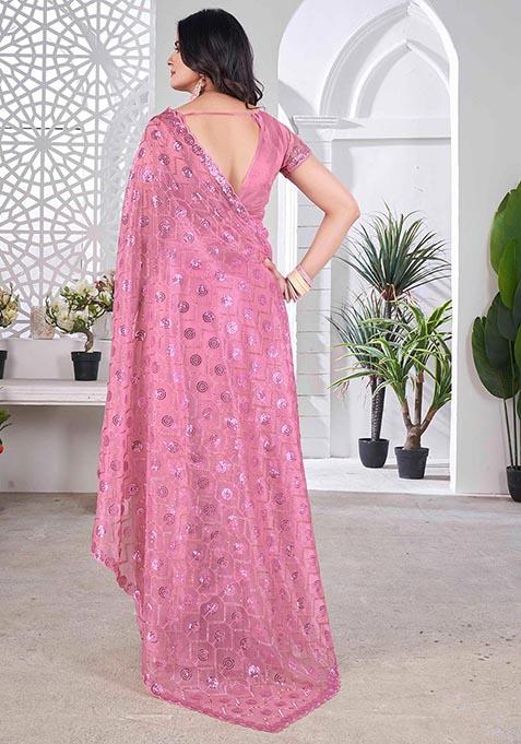 Pink Sequin Thread Embroidered Tissue Net Saree Set