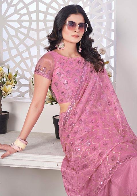Pink Sequin Thread Embroidered Tissue Net Saree Set