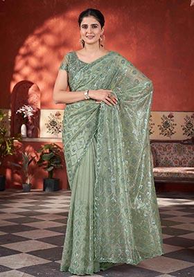 Pista Green Sequin Thread Embroidered Tissue Net Saree Set