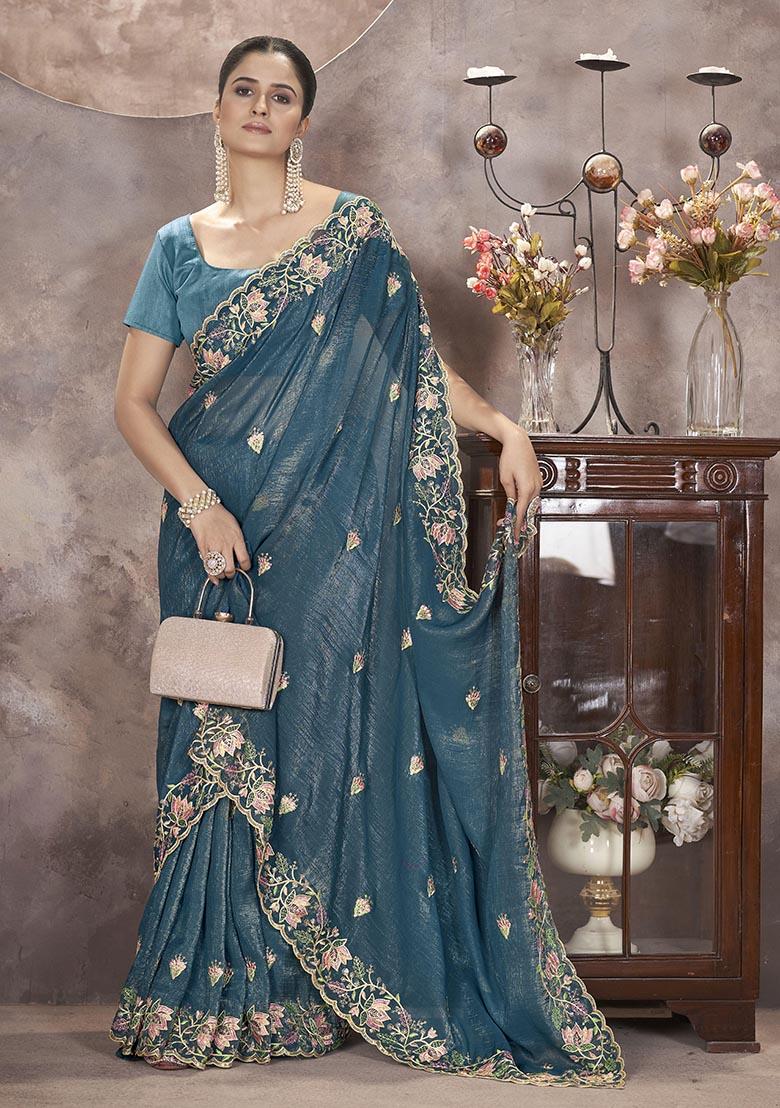 Blue Sequin Thread Embroidered Crush Saree Set