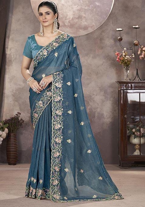 Blue Sequin Thread Embroidered Crush Saree Set