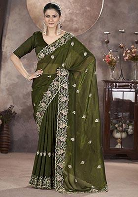 Green Sequin Thread Embroidered Crush Saree Set