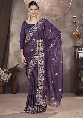 Purple Sequin Thread Embroidered Crush Saree Set
