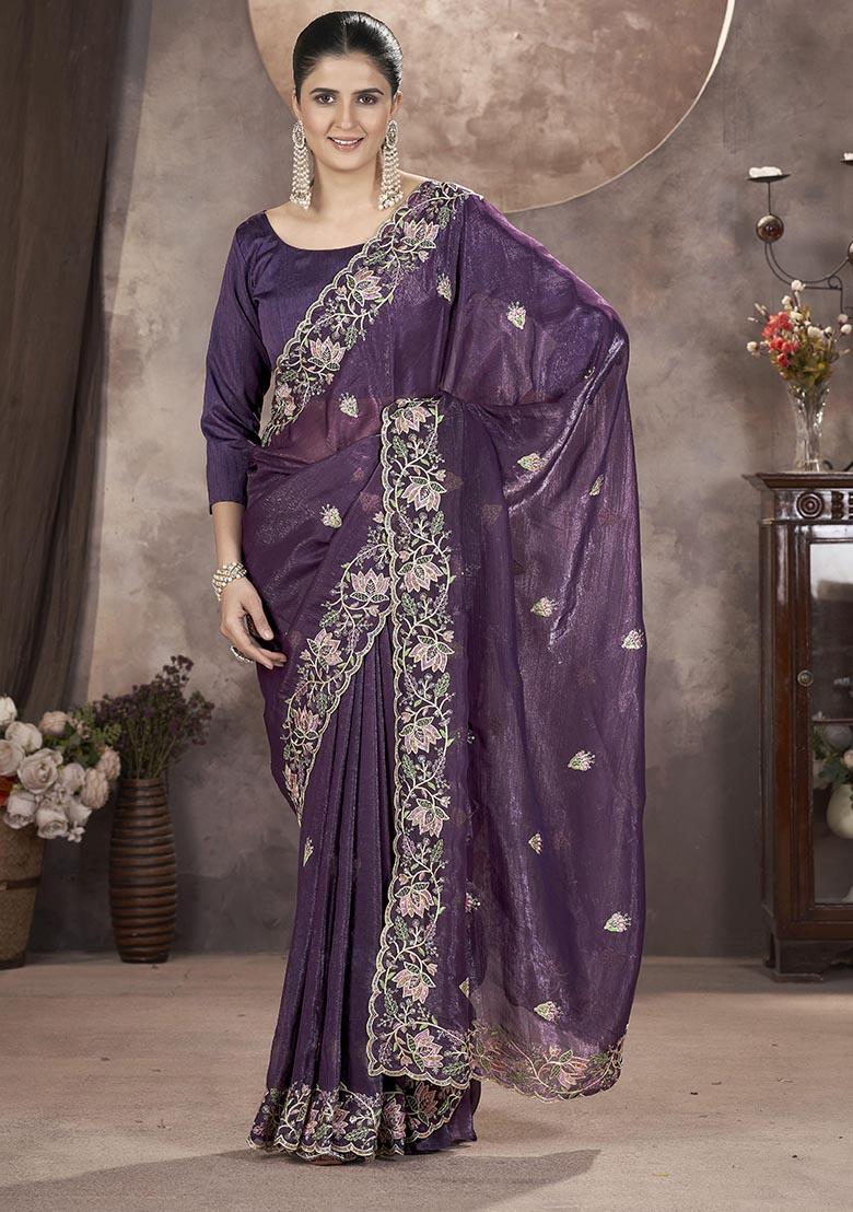 Purple Sequin Thread Embroidered Crush Saree Set