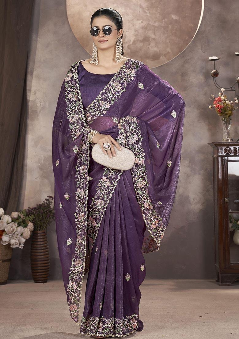 Purple Sequin Thread Embroidered Crush Saree Set