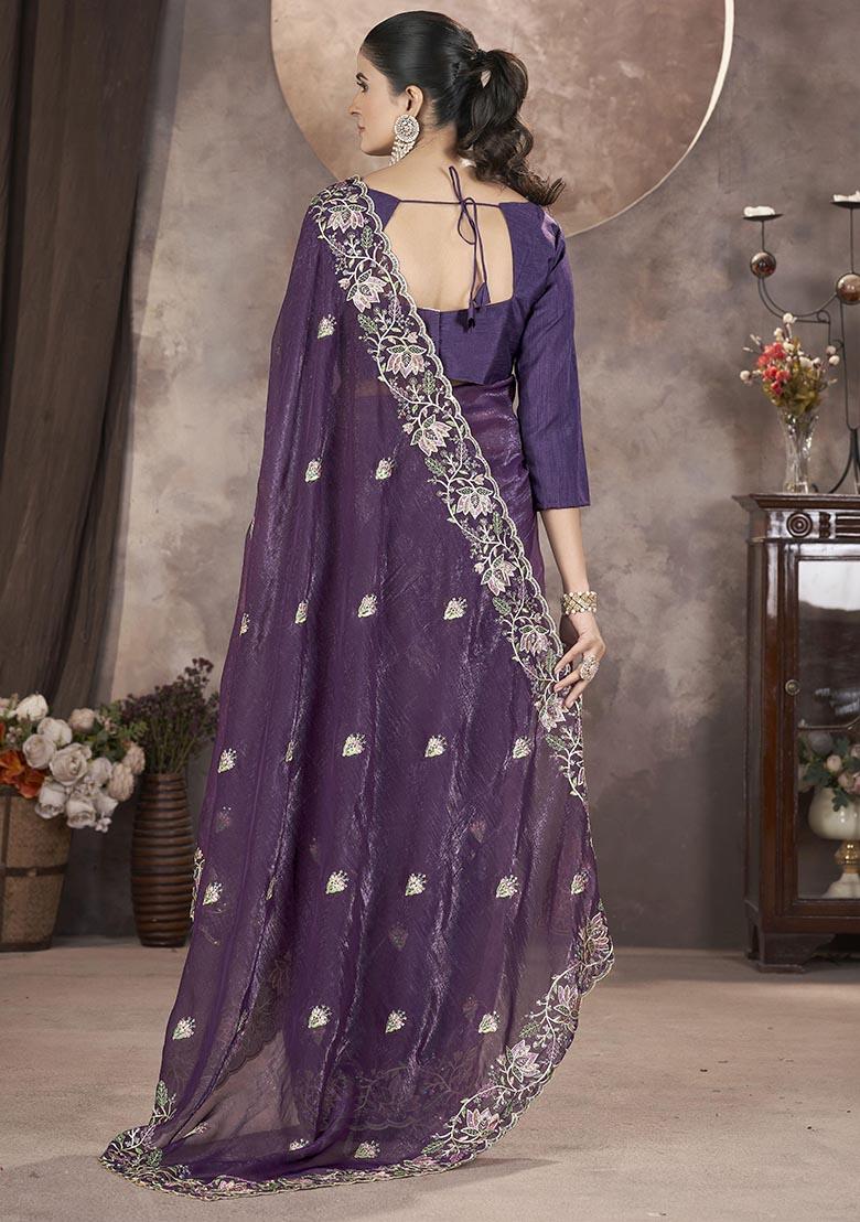 Purple Sequin Thread Embroidered Crush Saree Set