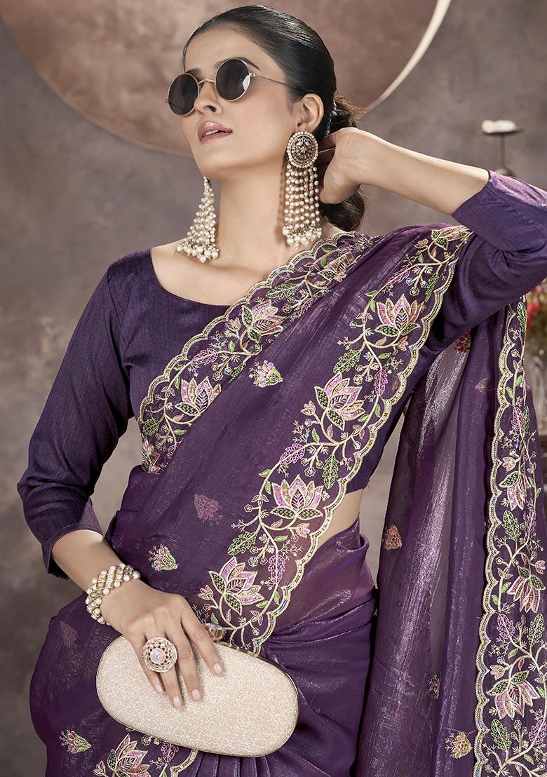 Purple Sequin Thread Embroidered Crush Saree Set