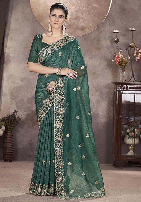 Rama Blue Sequin Thread Embroidered Crush Saree Set
