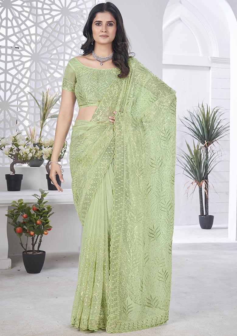 Green Sequin Thread Embroidered Tissue Net Saree Set