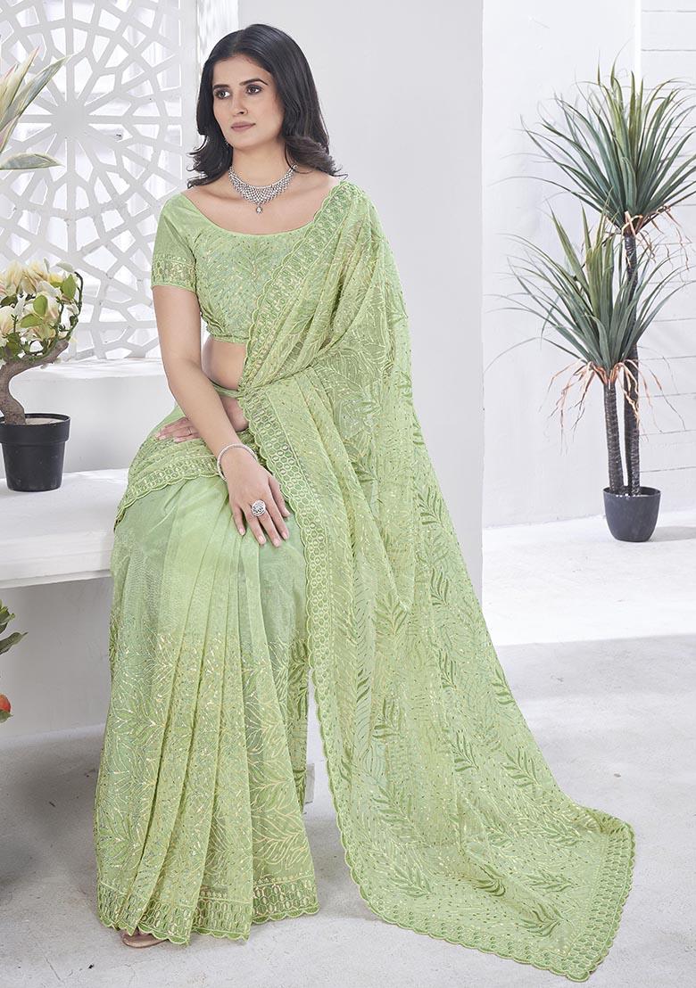 Green Sequin Thread Embroidered Tissue Net Saree Set