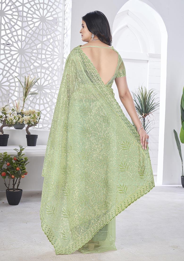 Green Sequin Thread Embroidered Tissue Net Saree Set
