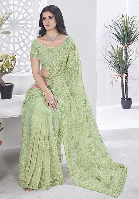 Green Sequin Thread Embroidered Tissue Net Saree Set