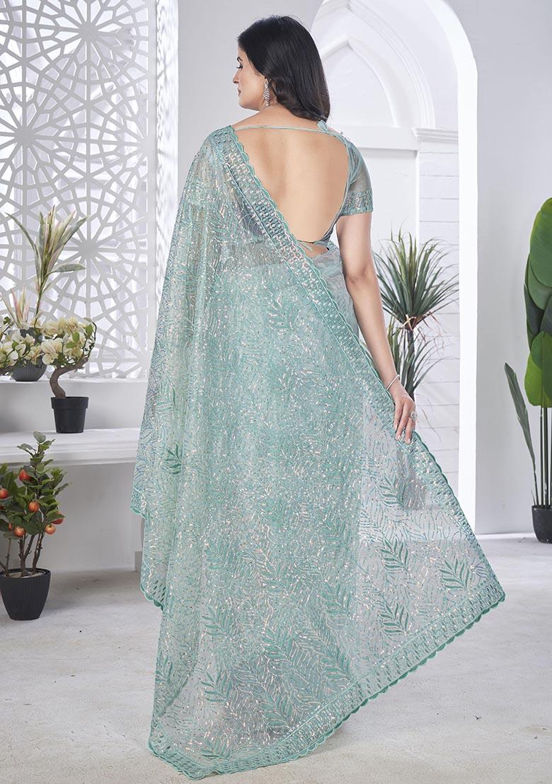 Sea Green Sequin Thread Embroidered Tissue Net Saree Set