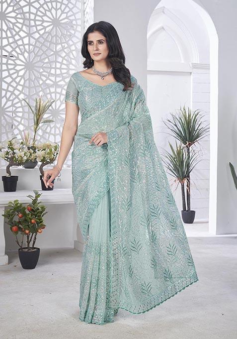 Sea Green Sequin Thread Embroidered Tissue Net Saree Set