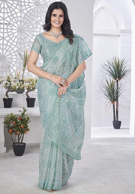 Sea Green Sequin Thread Embroidered Tissue Net Saree Set