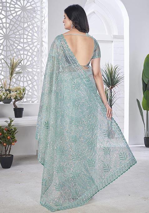 Sea Green Sequin Thread Embroidered Tissue Net Saree Set