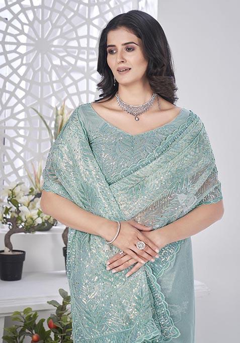 Sea Green Sequin Thread Embroidered Tissue Net Saree Set