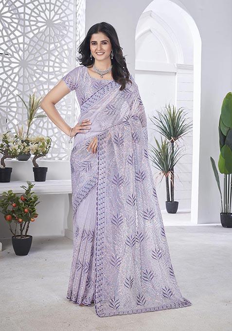 Lavender Sequin Thread Embroidered Tissue Net Saree Set