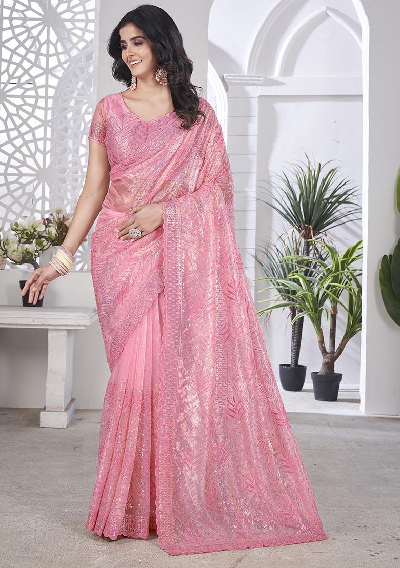 Pink Sequin Thread Embroidered Tissue Net Saree Set
