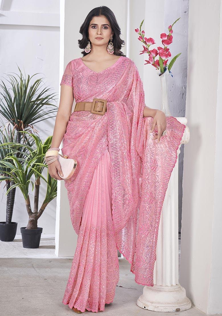 Pink Sequin Thread Embroidered Tissue Net Saree Set