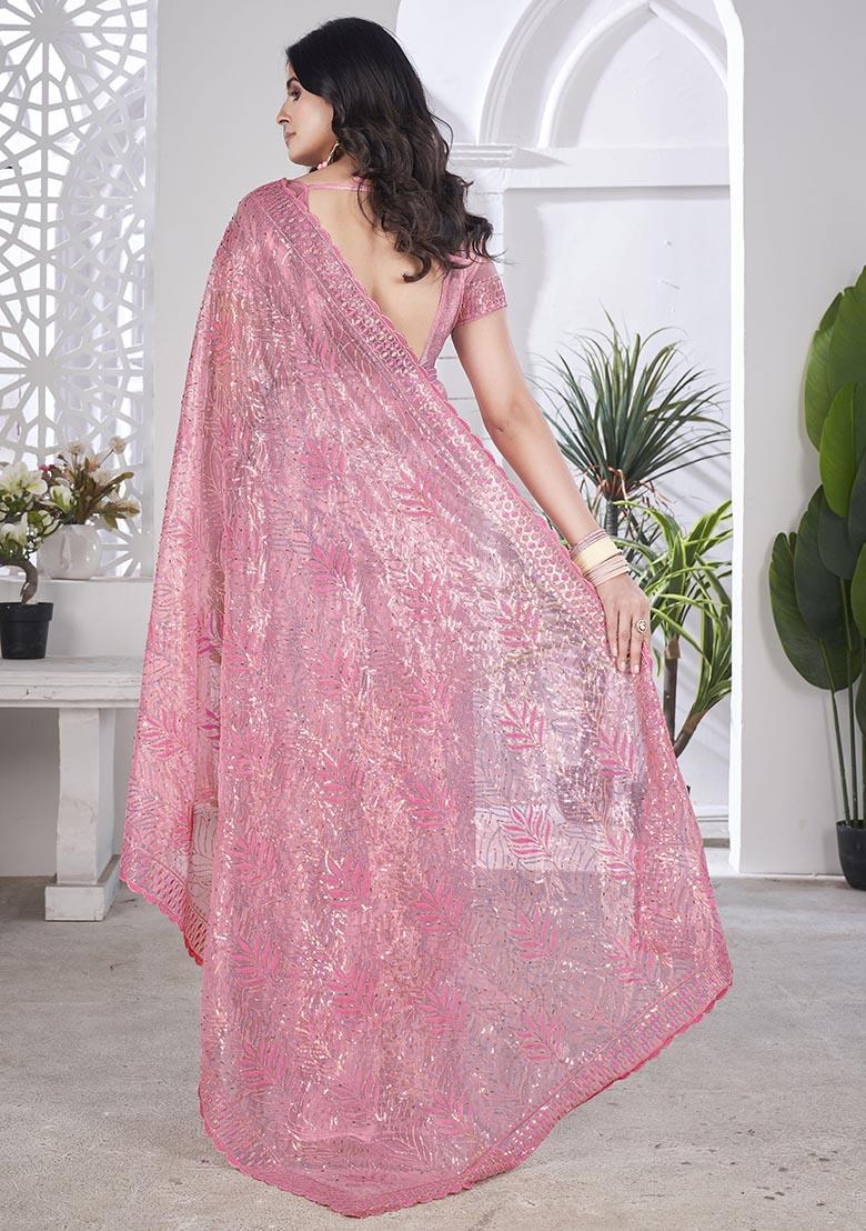 Pink Sequin Thread Embroidered Tissue Net Saree Set