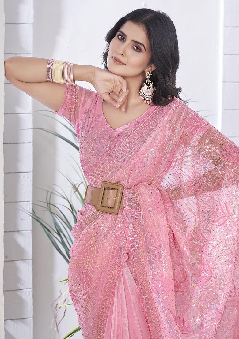 Pink Sequin Thread Embroidered Tissue Net Saree Set