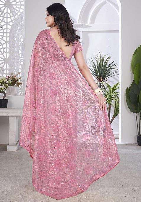 Pink Sequin Thread Embroidered Tissue Net Saree Set