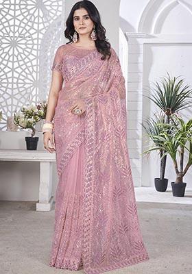 Purple Sequin Thread Embroidered Tissue Net Saree Set