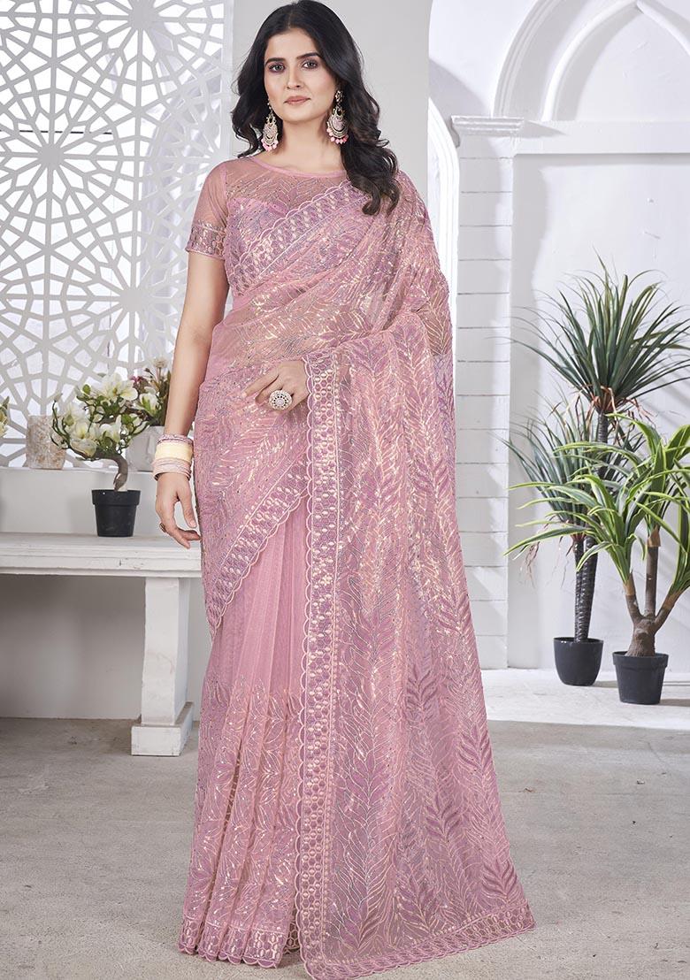 Purple Sequin Thread Embroidered Tissue Net Saree Set