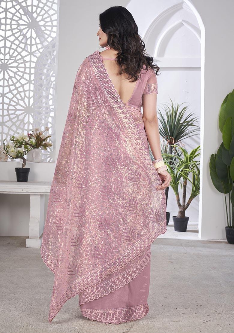 Purple Sequin Thread Embroidered Tissue Net Saree Set