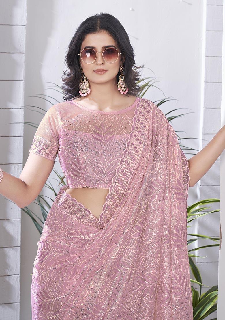 Purple Sequin Thread Embroidered Tissue Net Saree Set