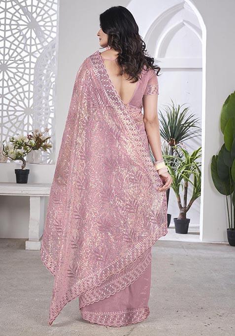 Purple Sequin Thread Embroidered Tissue Net Saree Set